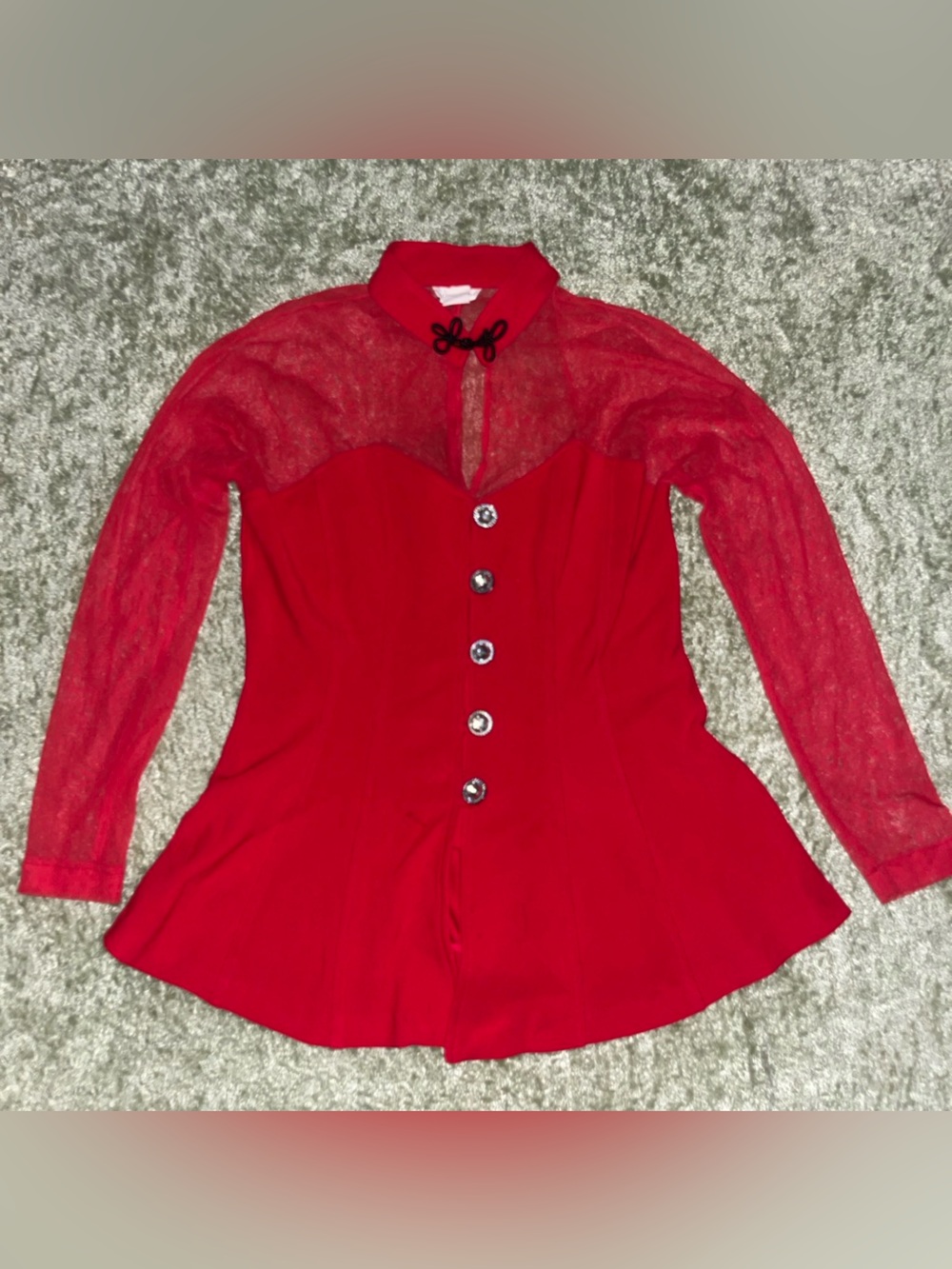 Red Button-Front Peplum Top with Sheer Sleeves